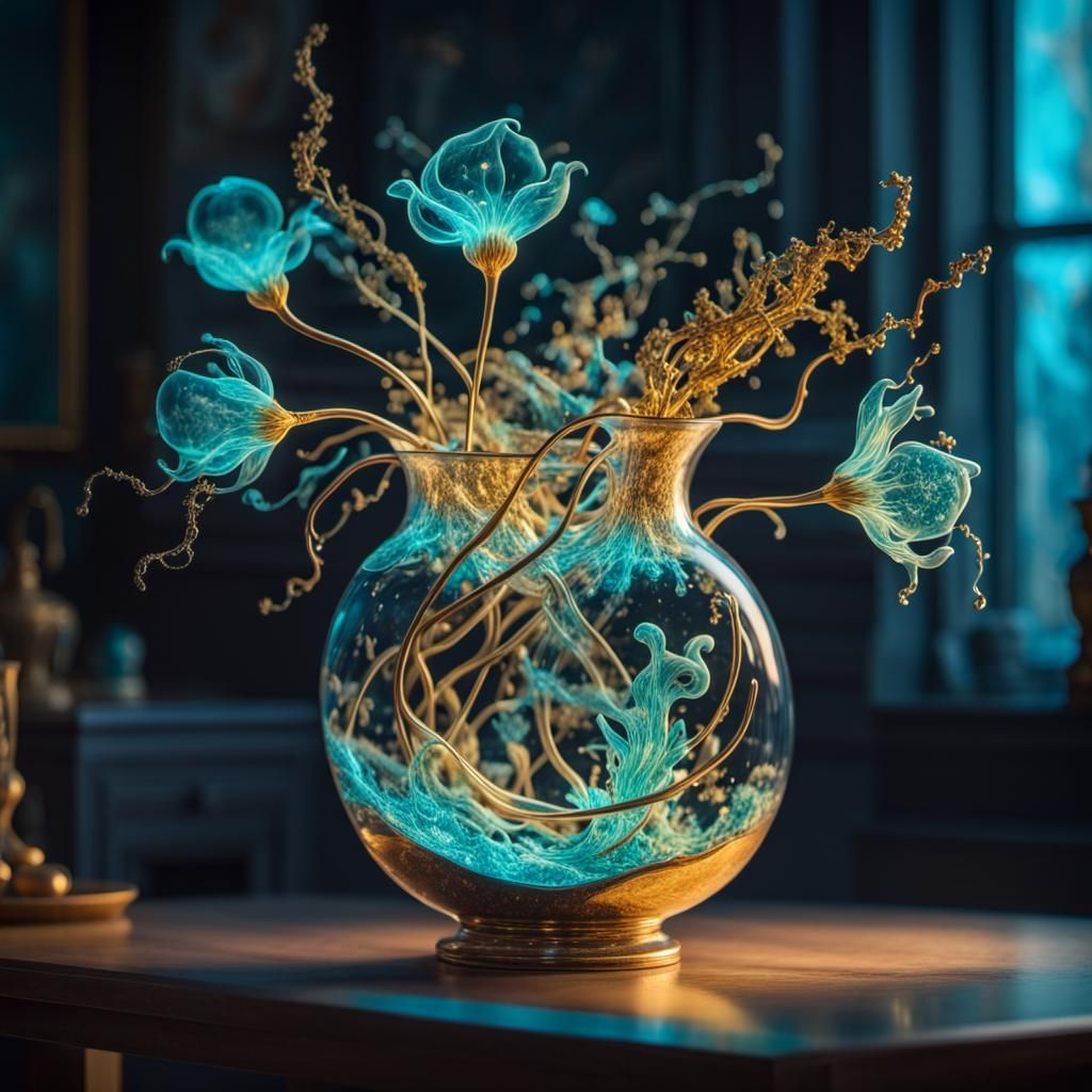 Bioluminescent Amoeba Flower Sculpture with Gold Gilding