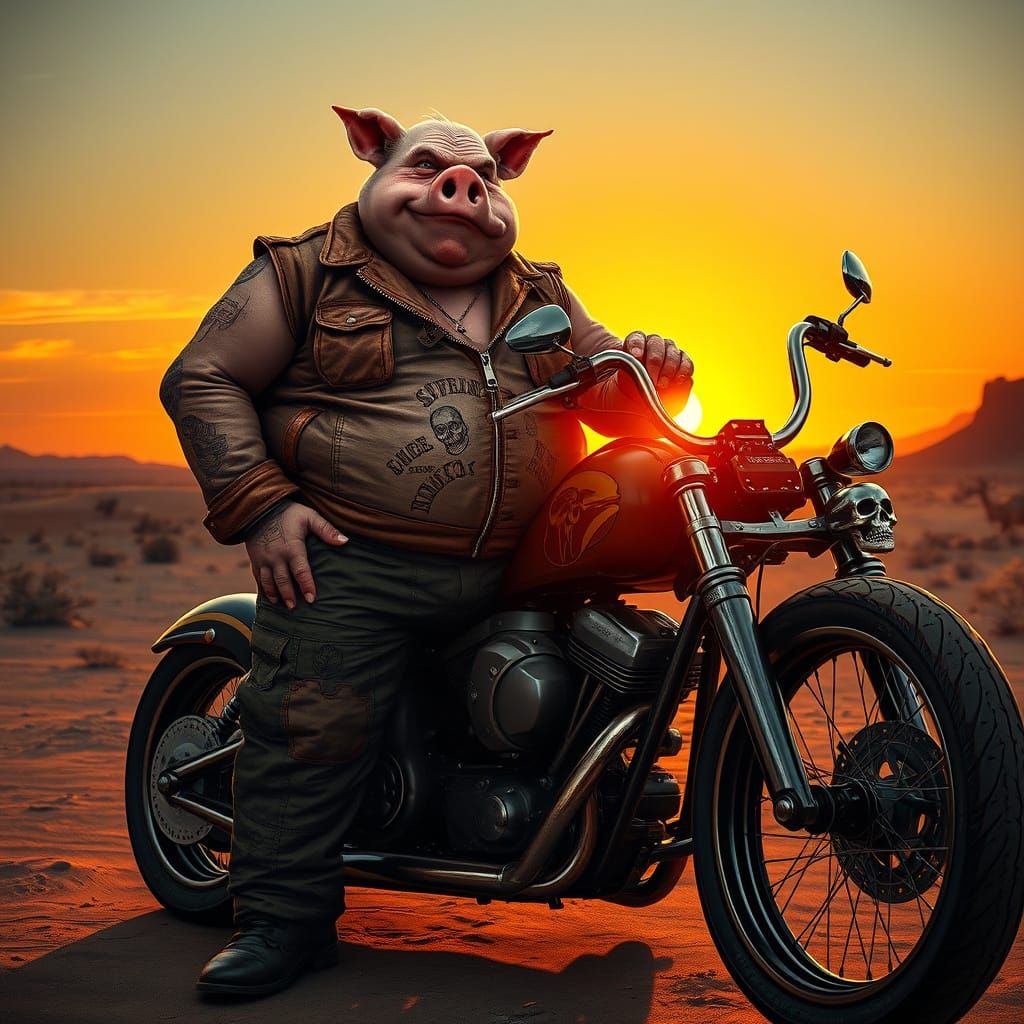Pig-Man Biker in Desert Sunset, Photorealistic Style
