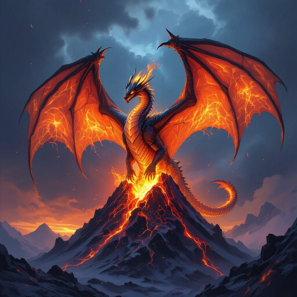 Onyx Dragon on Volcano with Lava and Ice Wings