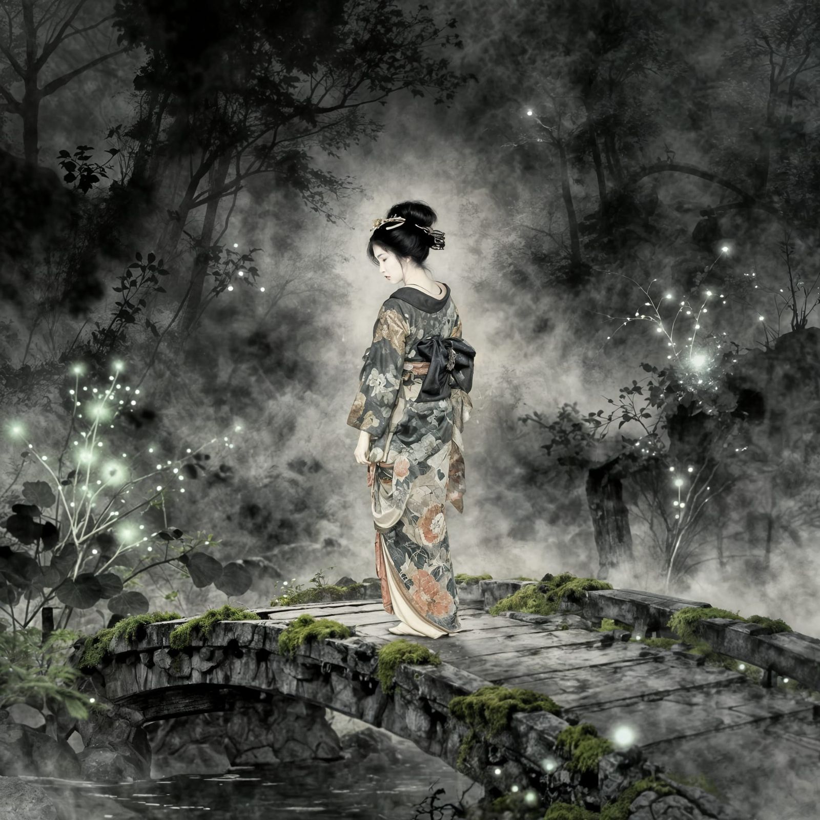 Solitary Geisha on Ancient Bridge in Moody Ink Wash Style