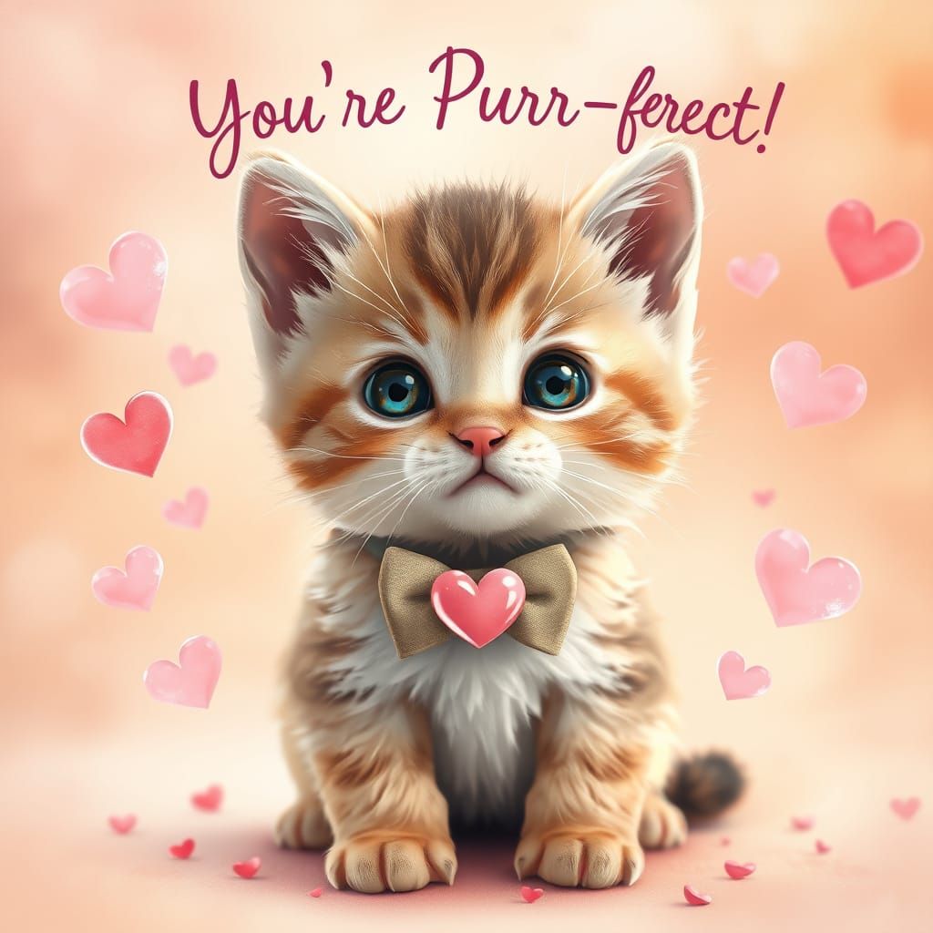 Whimsical Kitten Valentine's Scene in Dreamy Watercolor Styl...