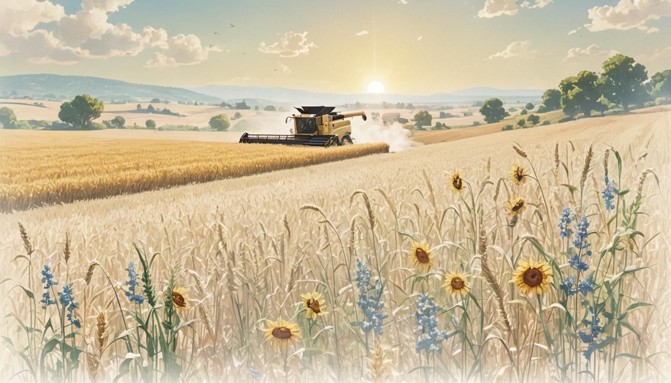 Golden Harvest: Combine in a Sunlit Landscape