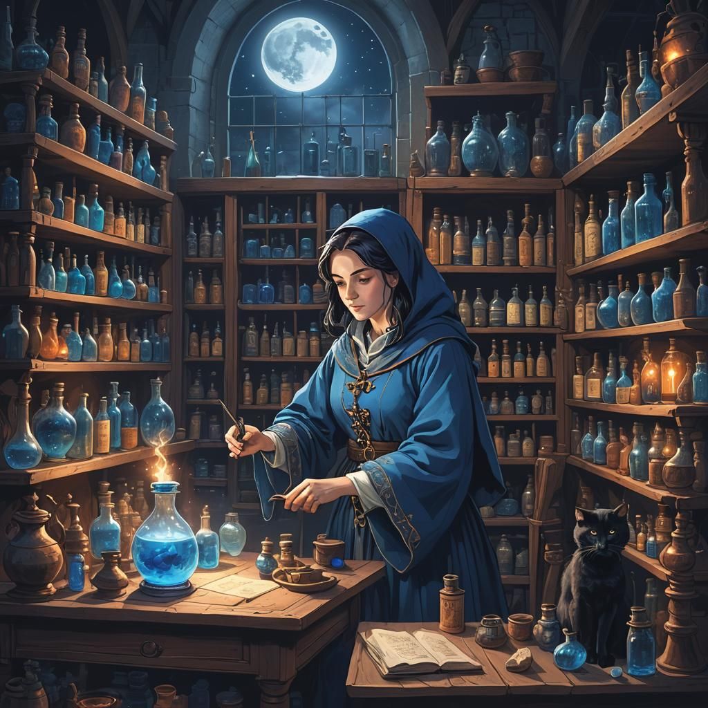 Medieval Alchemist Creates Potion in Moonlit Chamber