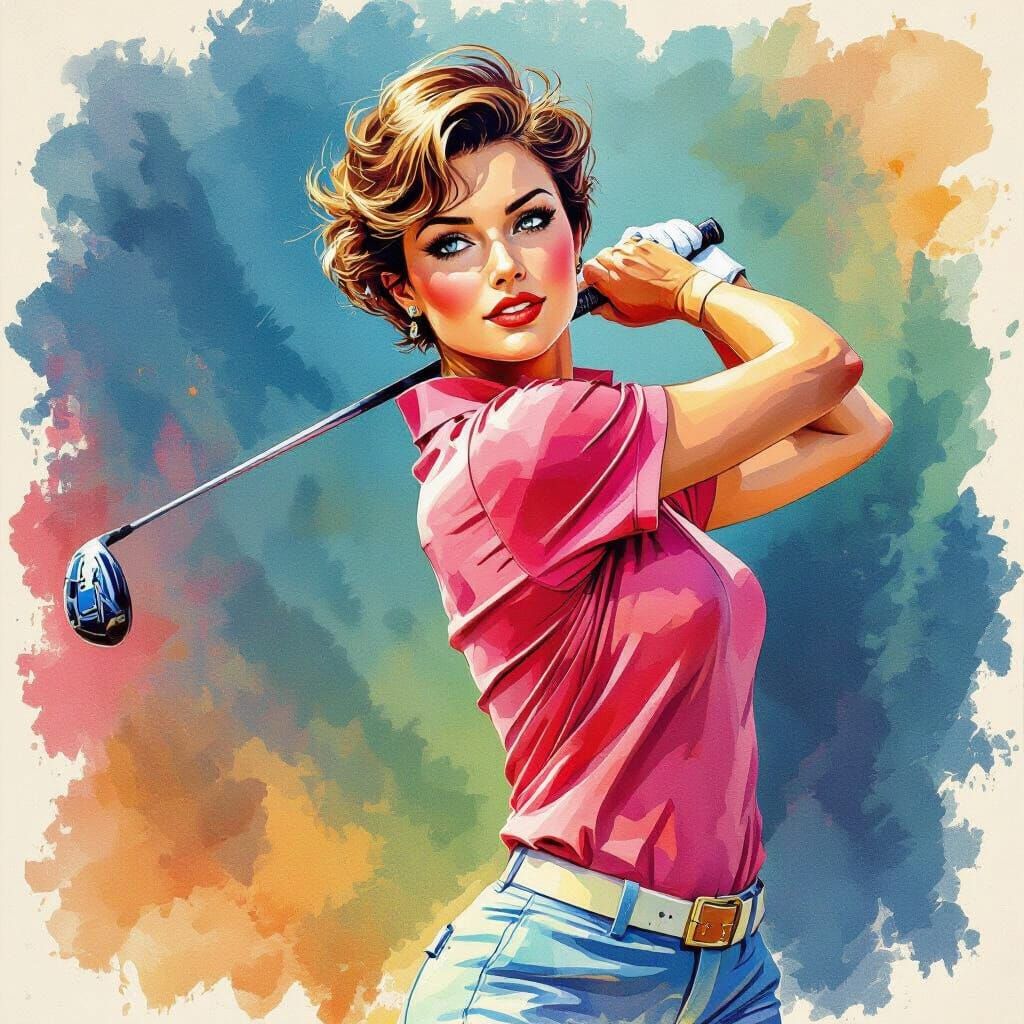Vibrant Watercolor Golfer on Vintage Magazine Cover