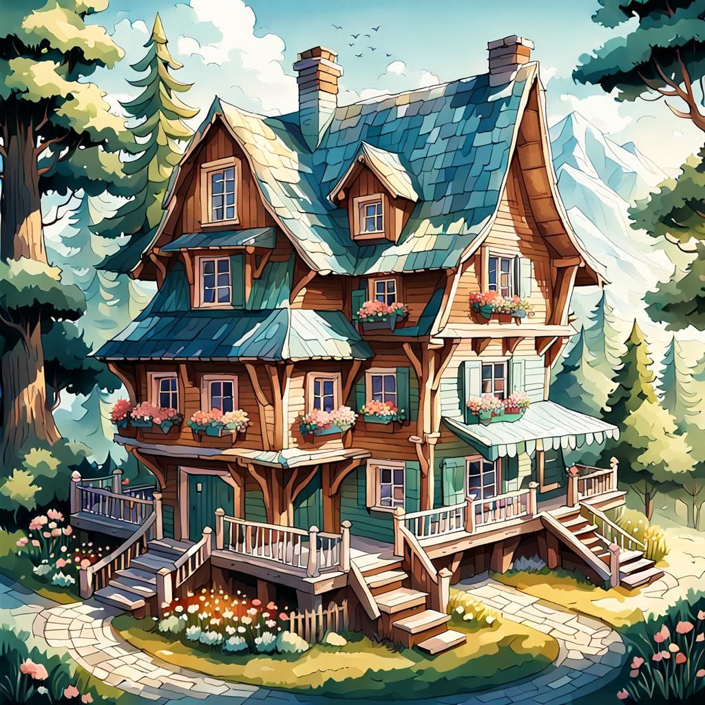 Isometric Fairytale House Watercolor Sketch