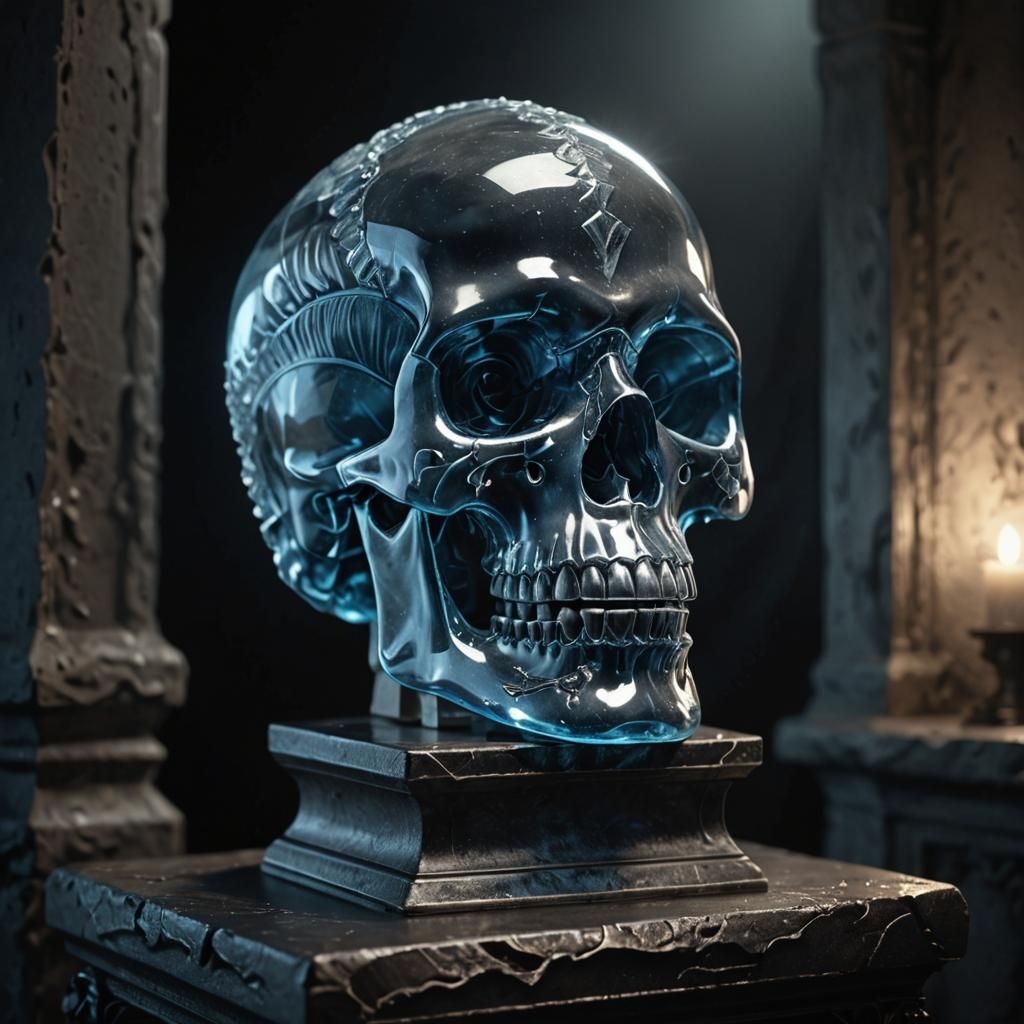 Crystal Skull in Dim Chamber: Photorealistic Digital Art