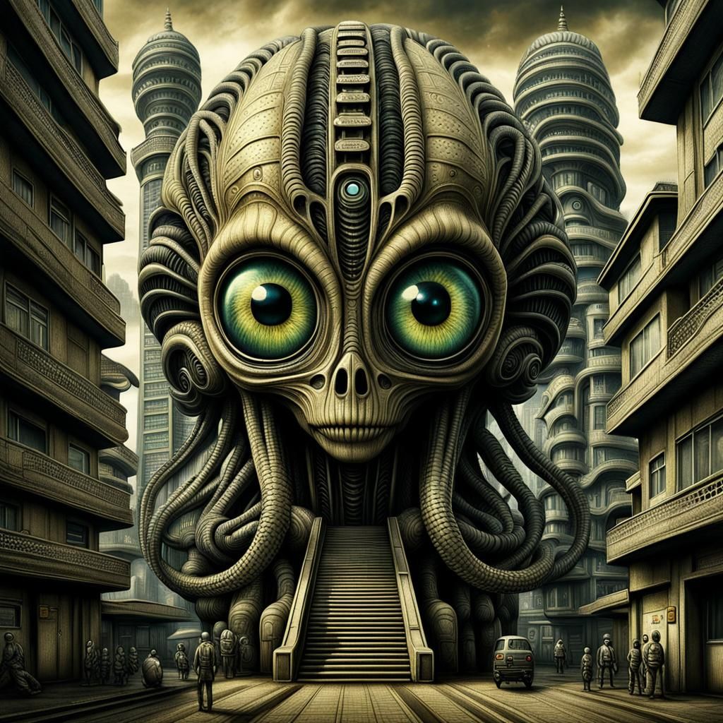 Surreal Xenomorphic Cityscape in Brutalist Style