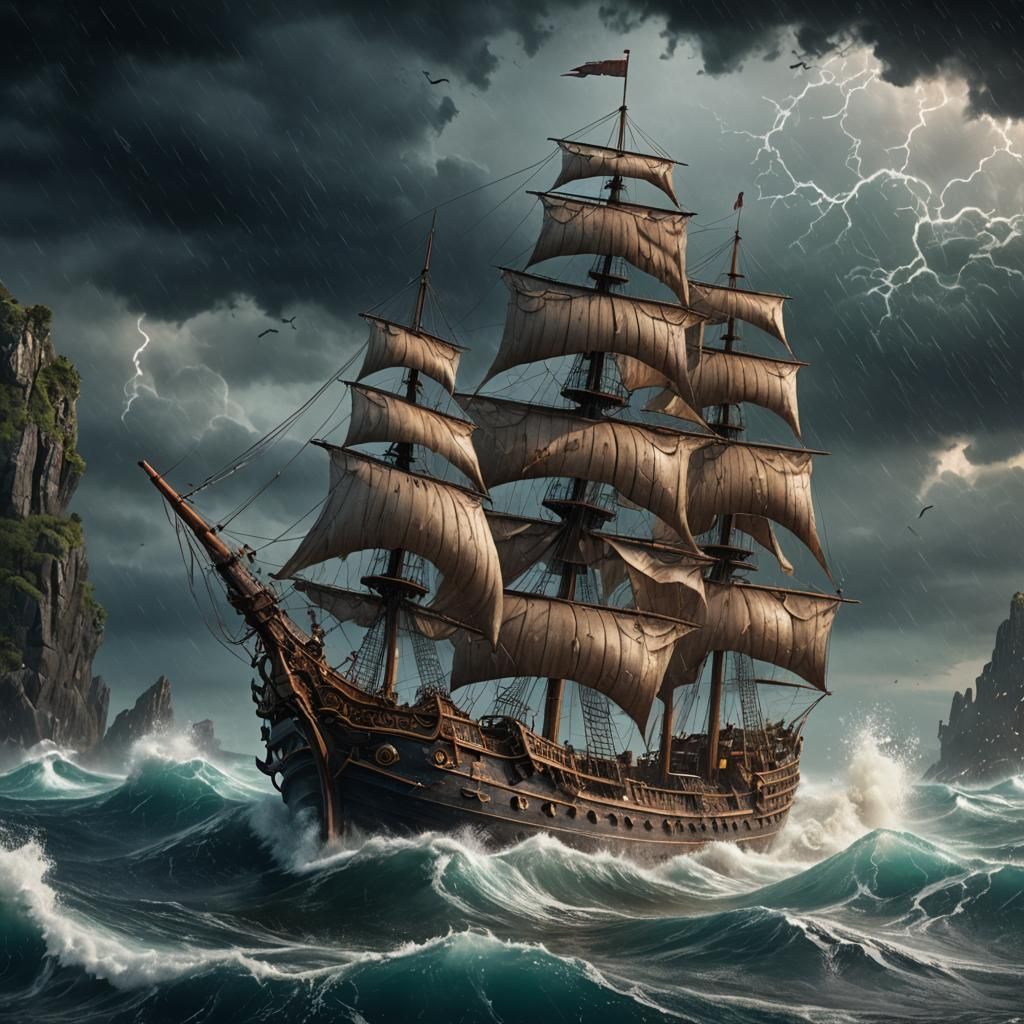 Ship in Stormy Sea: Detailed Matte Painting