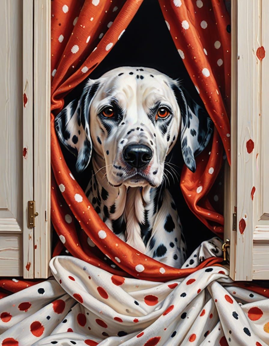 Dalmatian Dog Hiding in Fabric Closet: Oil Painting