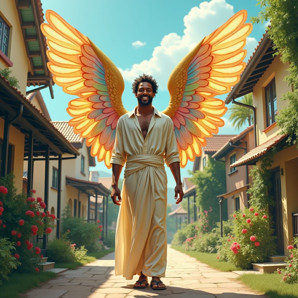 Giant Winged Man in Quaint Village
