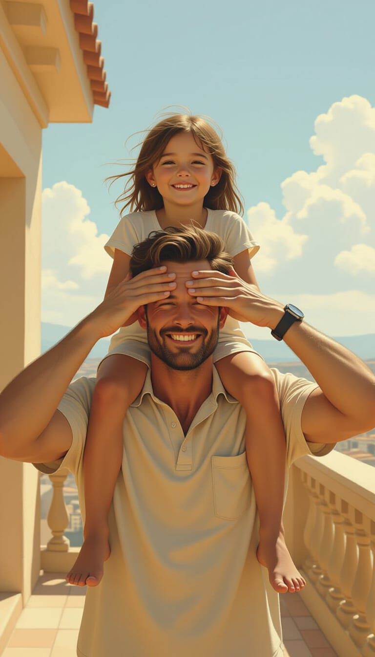 Father and Daughter on Terrace in Matte Painting Style