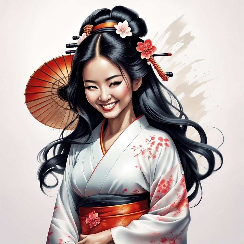 Airbrush Illustration of Smiling Geisha Woman