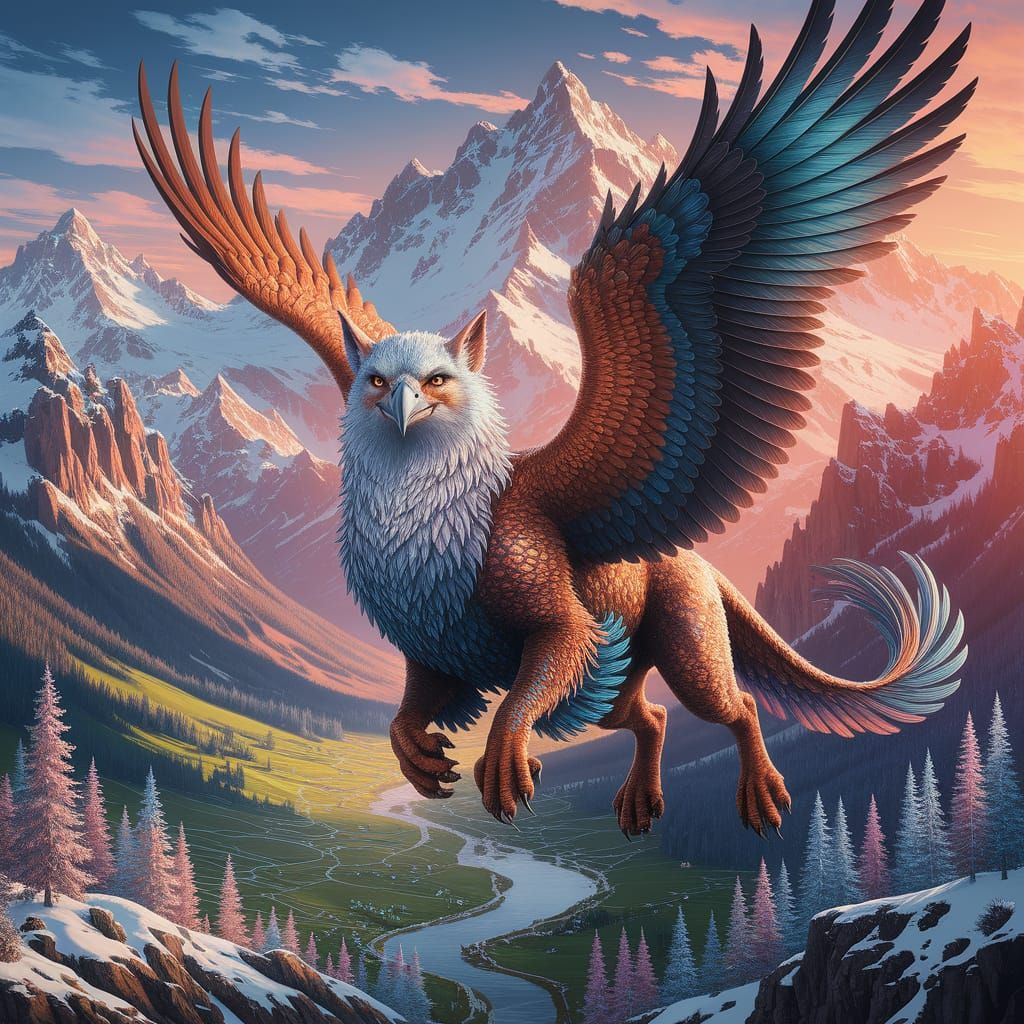 Griffin Soaring Over Fantastical Landscape