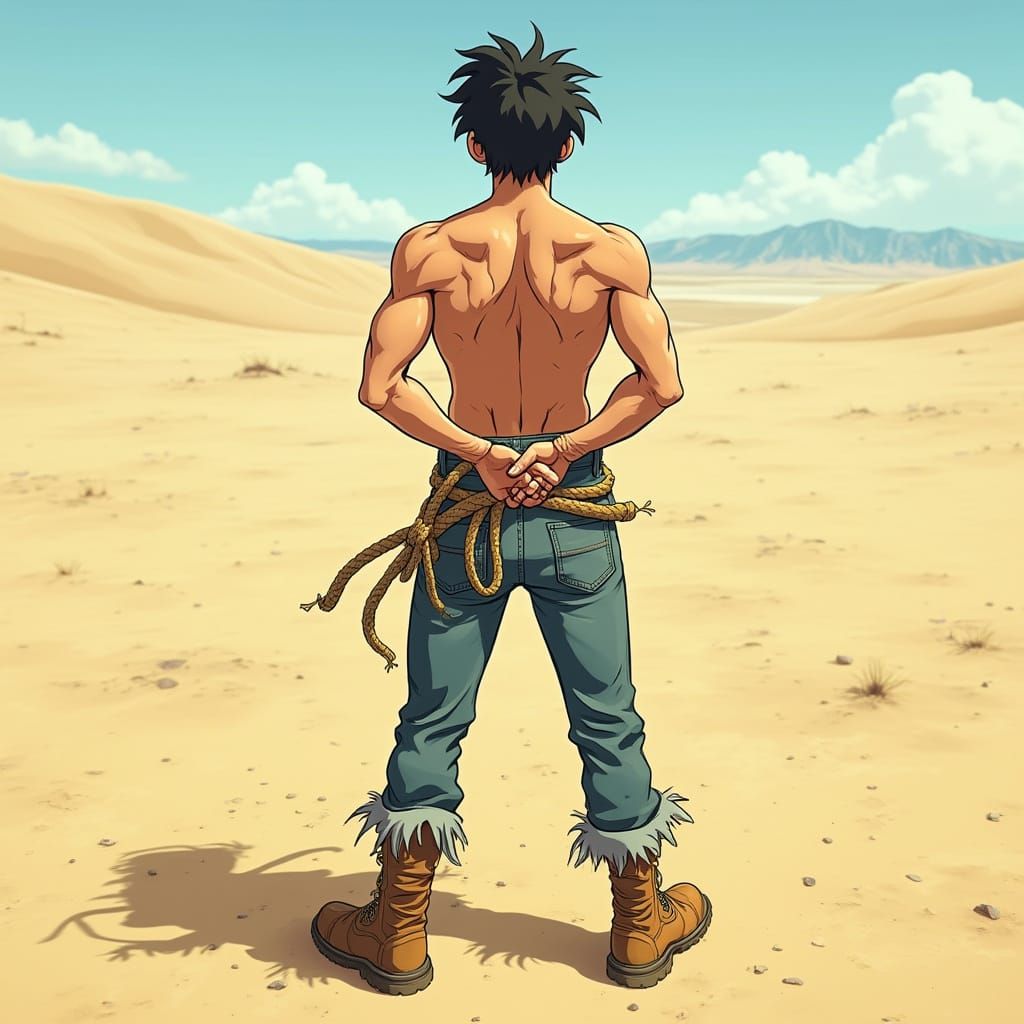 Anime Desert Hero Bound by Frayed Rope