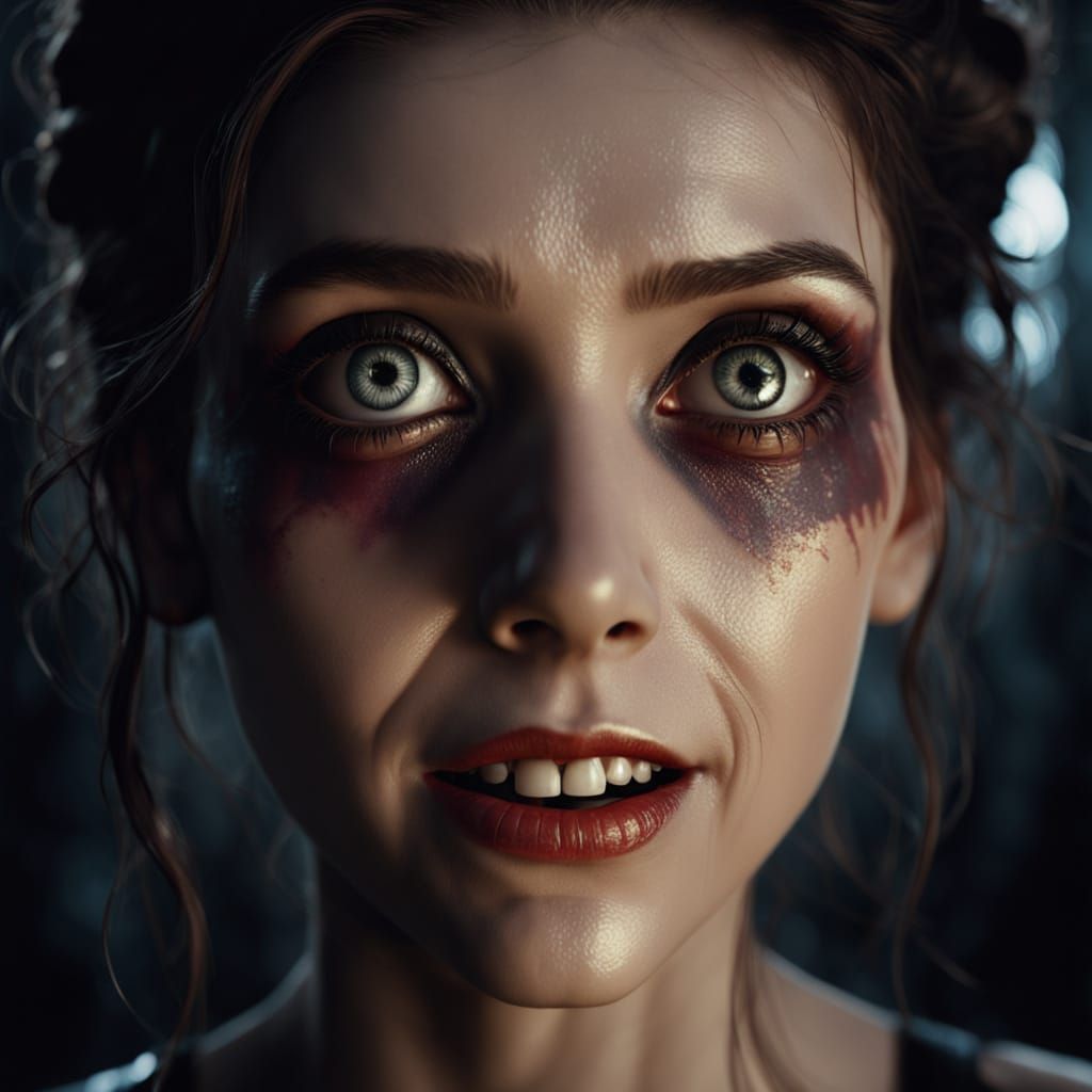 Creepy Woman's Forced Smile in Cinematic Style