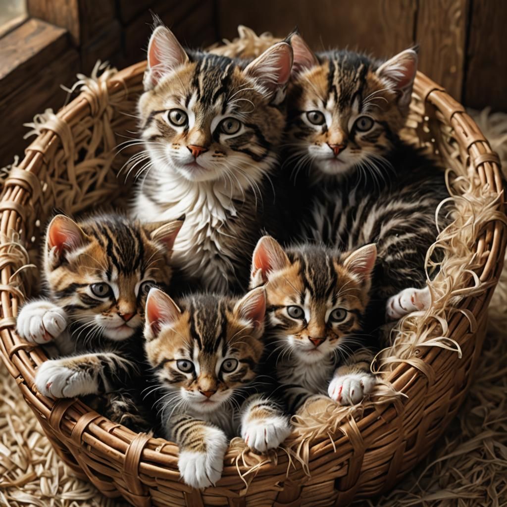 Mother Cat and Kittens in Woven Basket