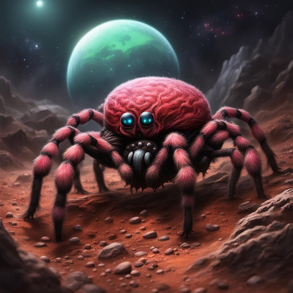 Exoplanet with Rosey Tarantula Alien Lifeform