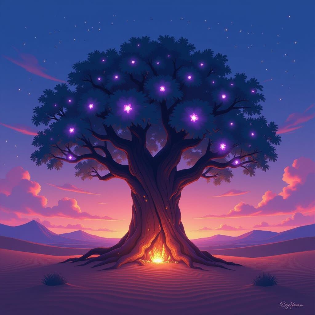Ancient Bioluminescent Tree in Silent Desert Twilight