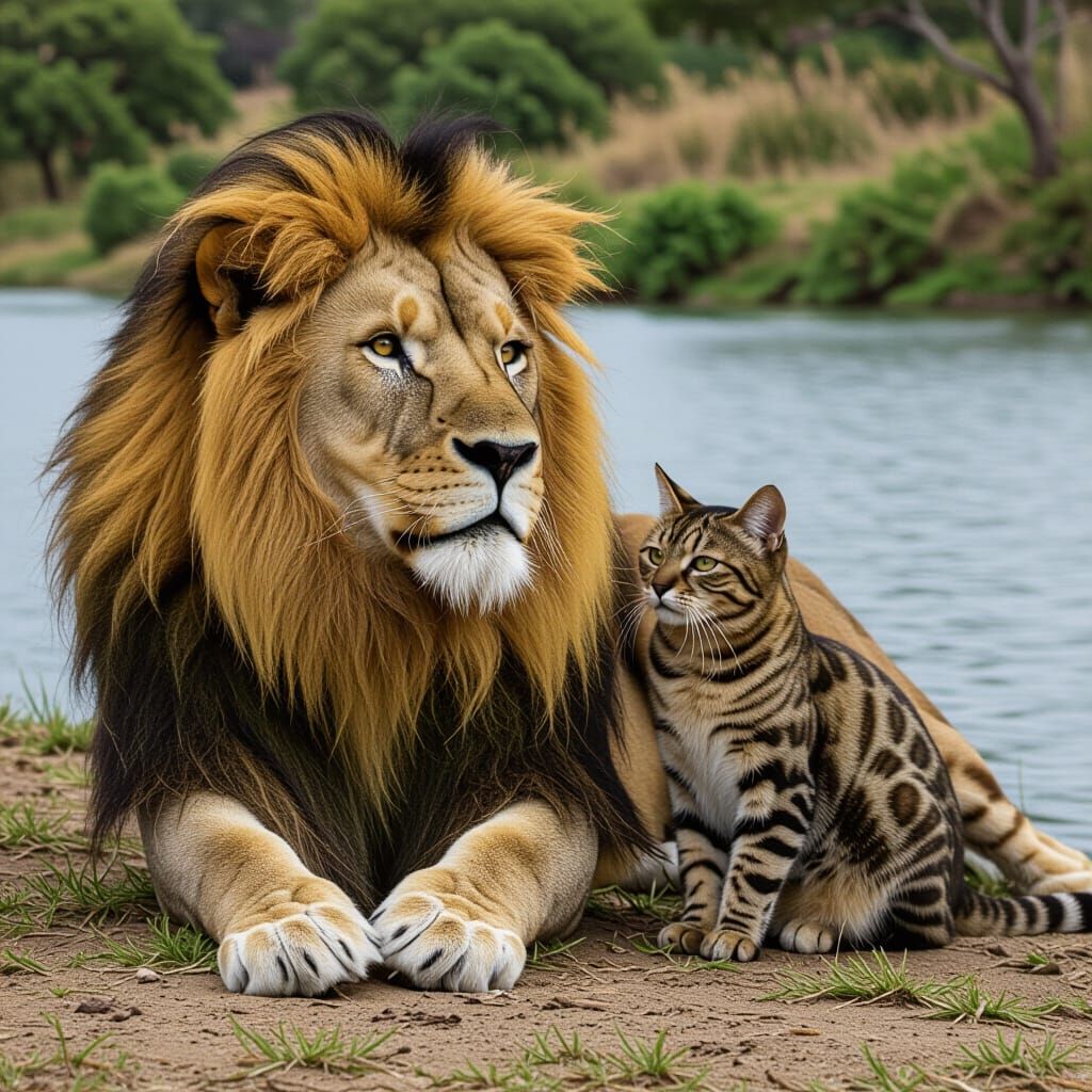 Lion and Cat Sit Peacefully by a River
