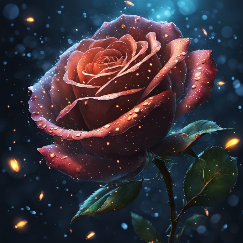Transparent Rose in Dark Night with Fireflies