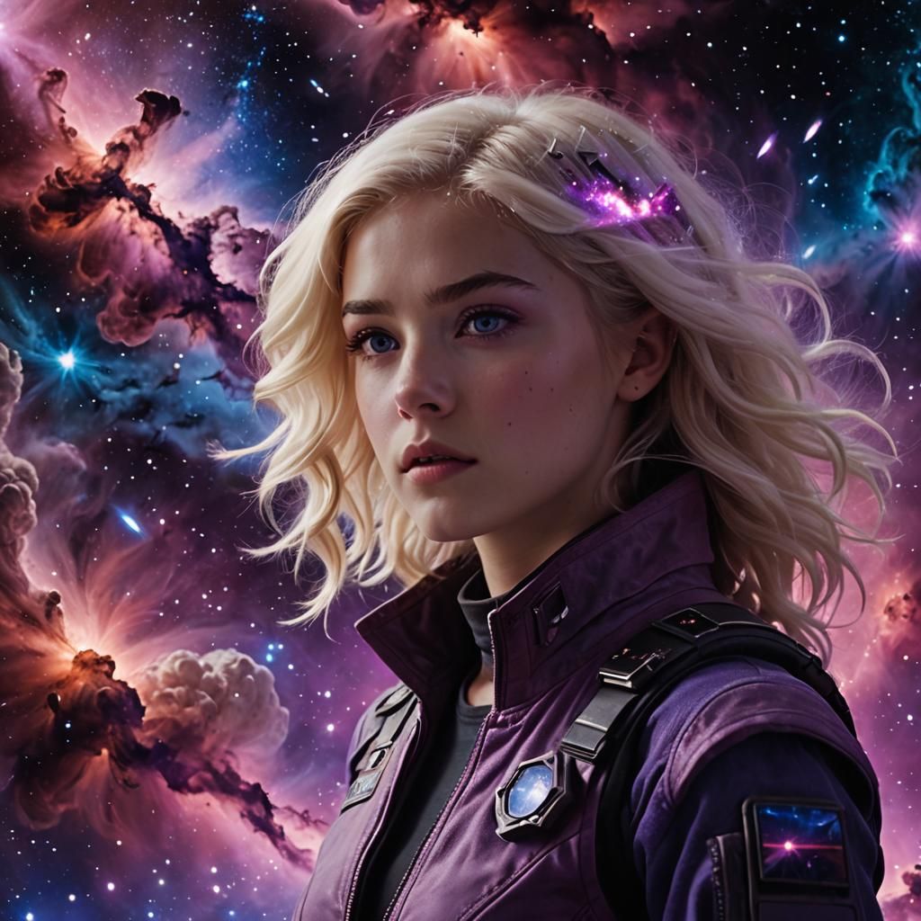 Nebula Portrait of Platinum Blonde Girl in Deep Space