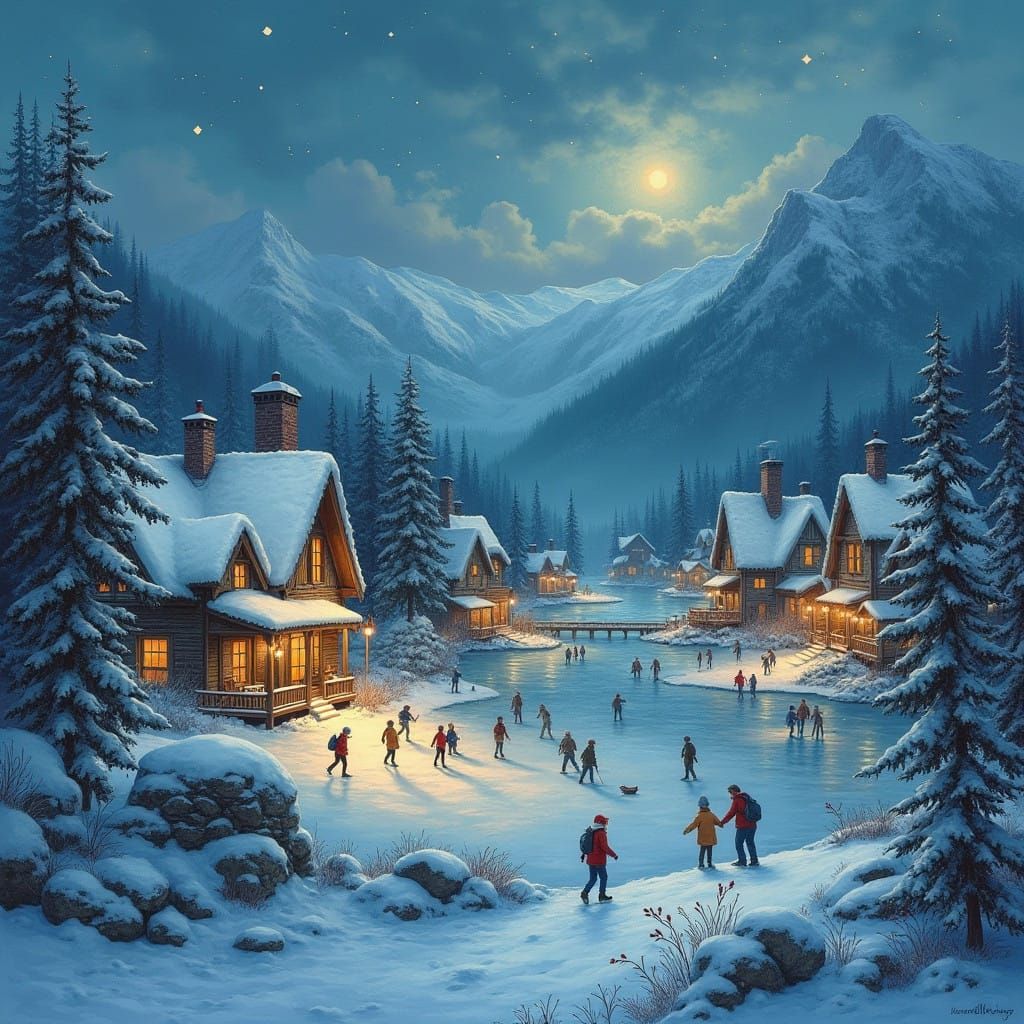 Cozy Snowy Mountain Village Scene in Traditional Style