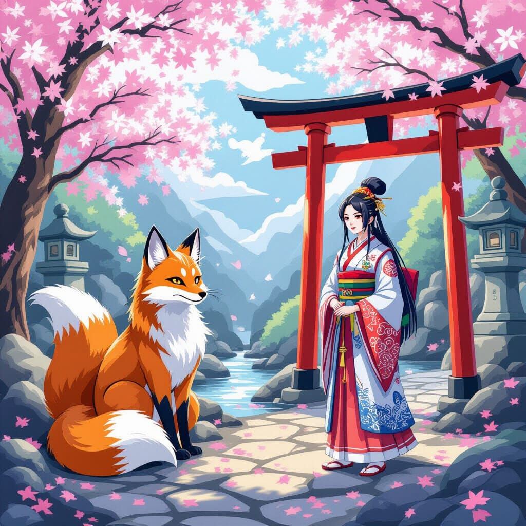 Kitsune and Shrine Keeper in Mystical Setting