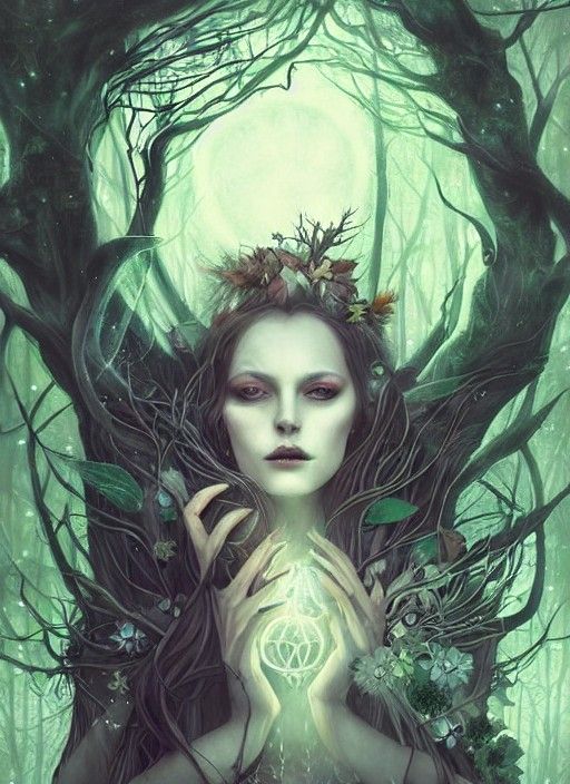 Powerful Witch Portrait Under Moonlight, in Oil Painting Sty...