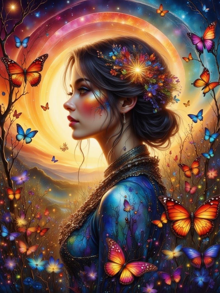 Woman with Butterflies in Detailed Ink Drawing Style