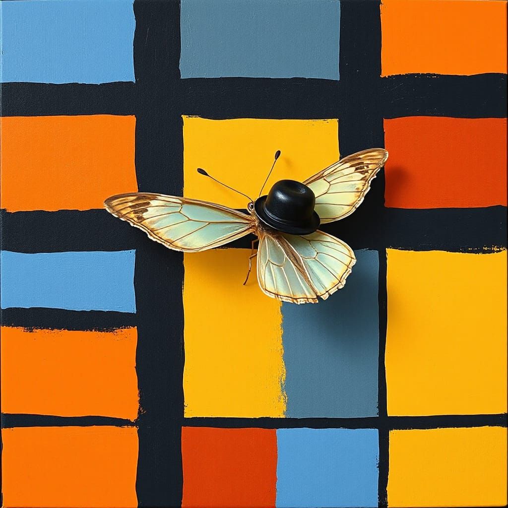 Rene Magritte, disguised as a butterfly, lands on Piet Mondrian's painting.