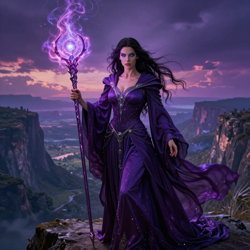 Female Sorceress Conjuring Arcane Energy Over Mystical Valle...