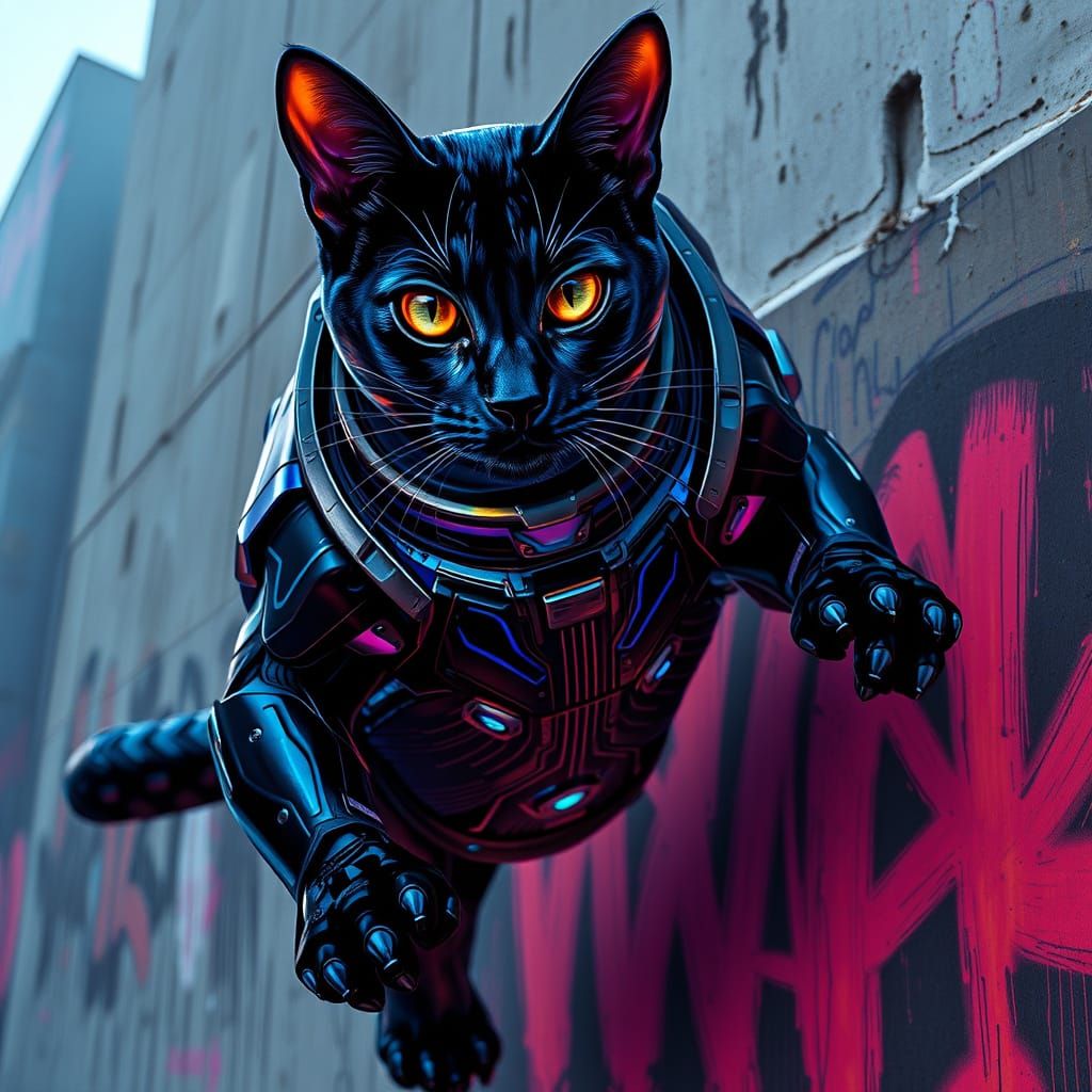Cybernetic Cat Leaps into Futuristic Urban Landscape