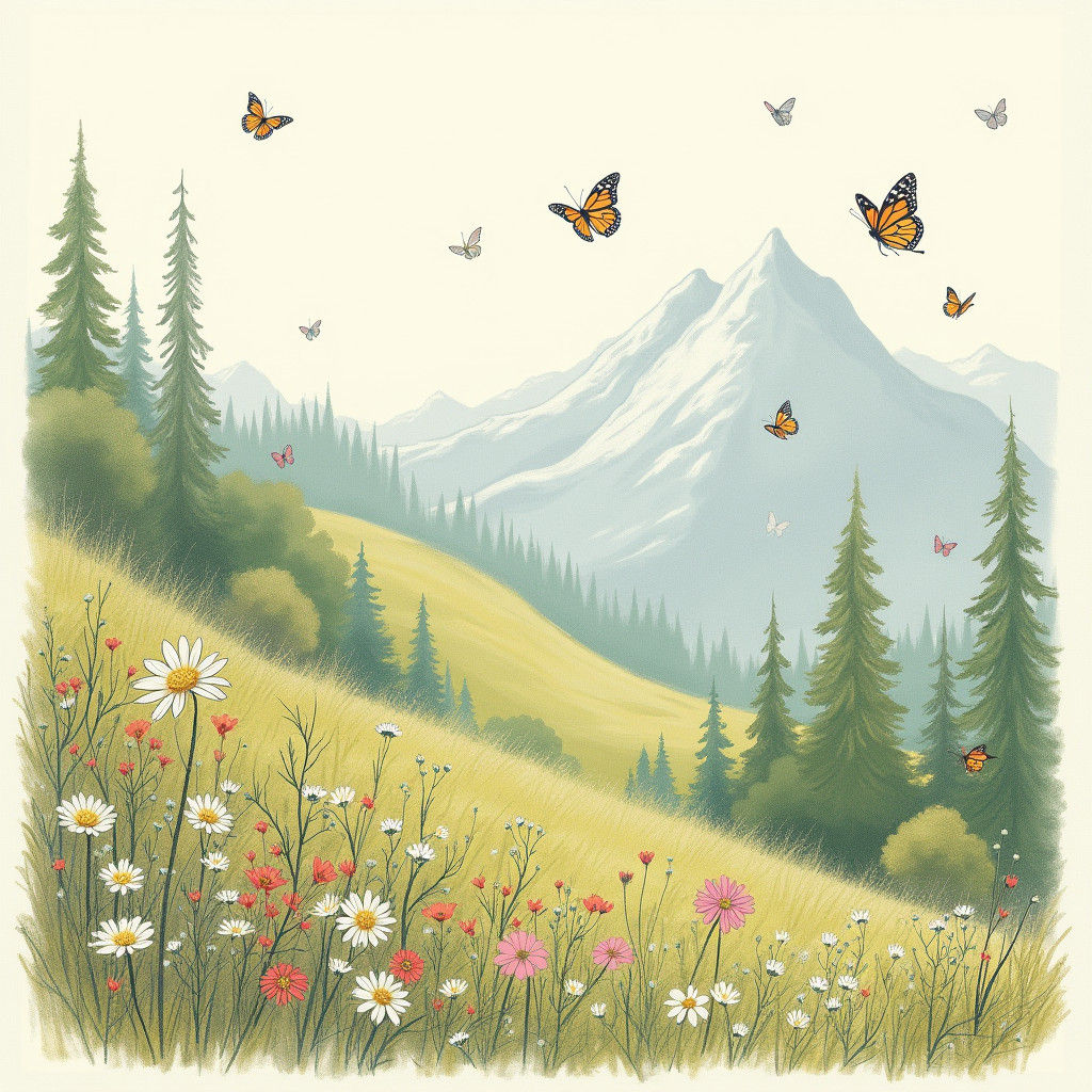 Enchanted Mountain Landscape in Pencil Sketch Style