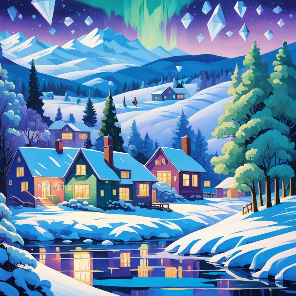 Winter Village Under Ethereal Aurora