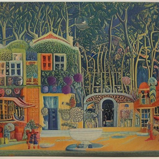 Alien Market Scene in Naive Art Style