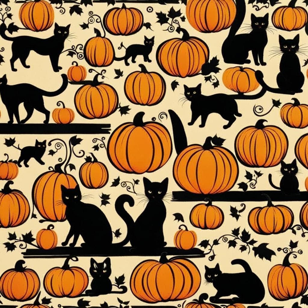 Vintage Wallpaper with Pumpkins and Black Cats