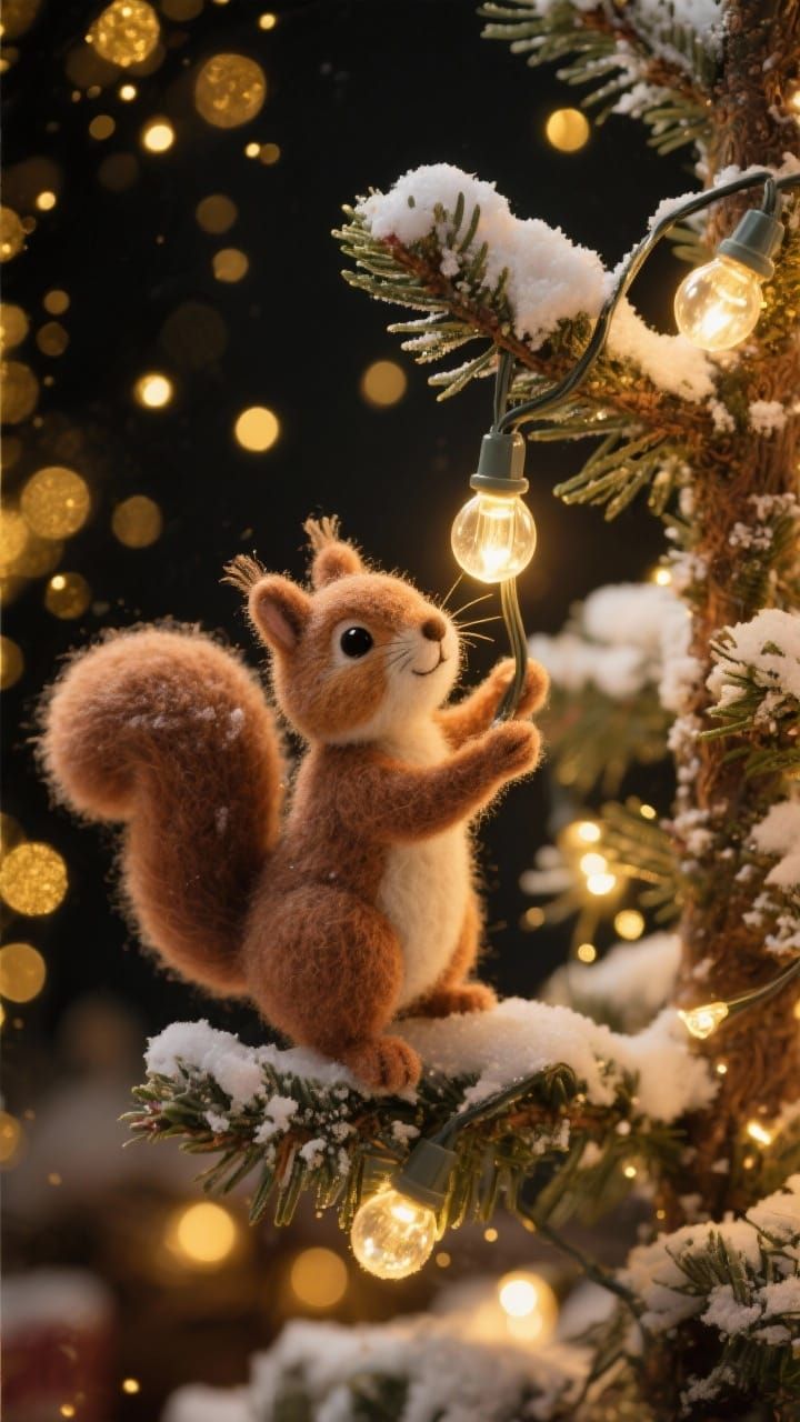 Felted Squirrel Decorates Snowy Christmas Tree with Fairy Li...