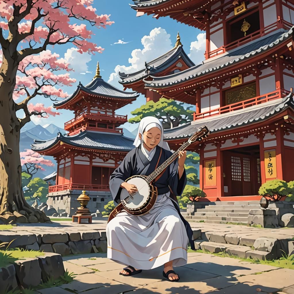 Anime Buddhist Nun Plays Banjo at Temple