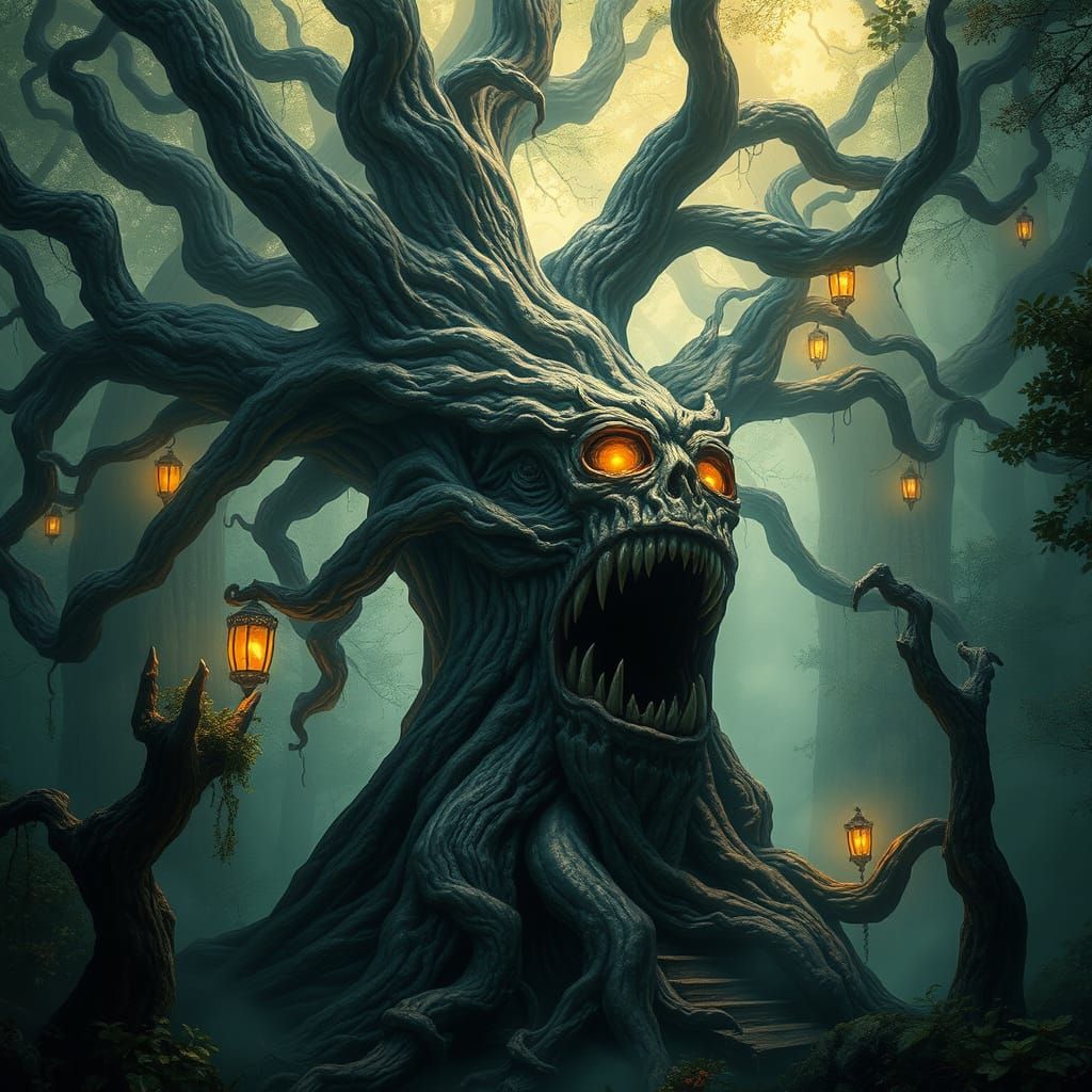 Ancient Tree Guardian in a Misty Forest