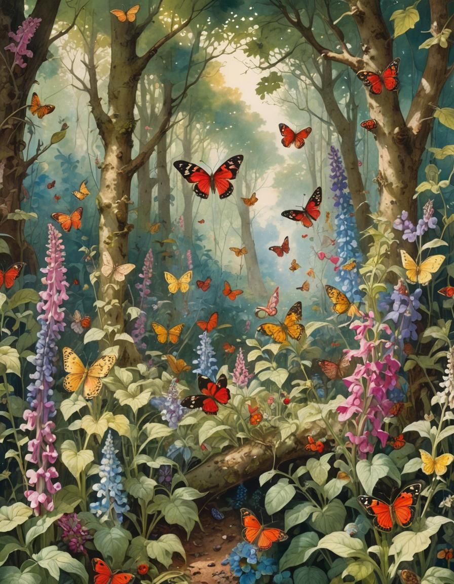 Victorian Fairies in Sun-Dappled Woodland Watercolour