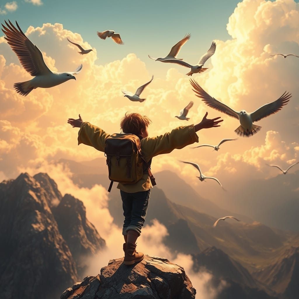 Boy Soars Through Vibrant Skies alongside Majestic Birds in...