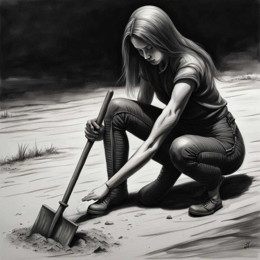 Pencil Drawing of Androgynous Figure in Sandbox