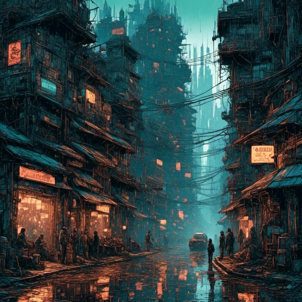 Dystopian Cyberpunk Cityscape at Street Level