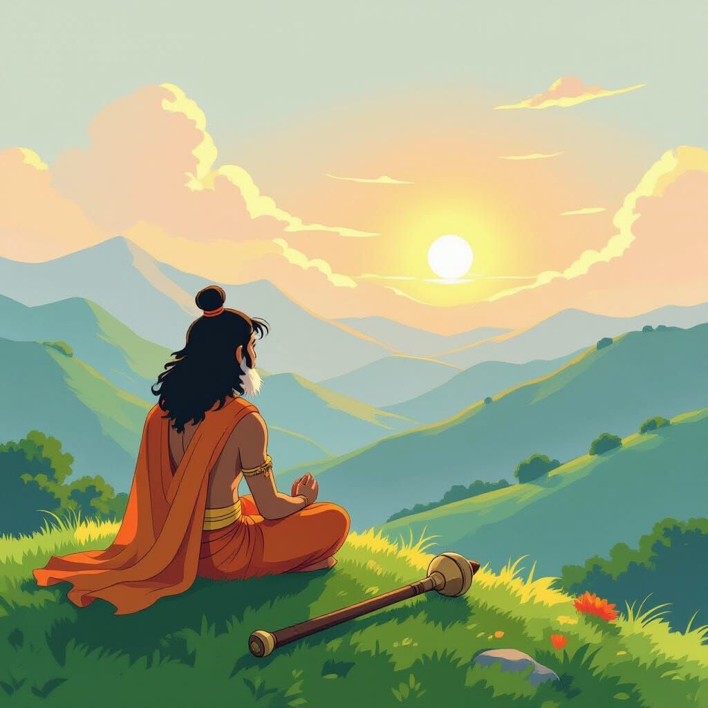 Hanuman Meditating at Dawn in Ghibli Style