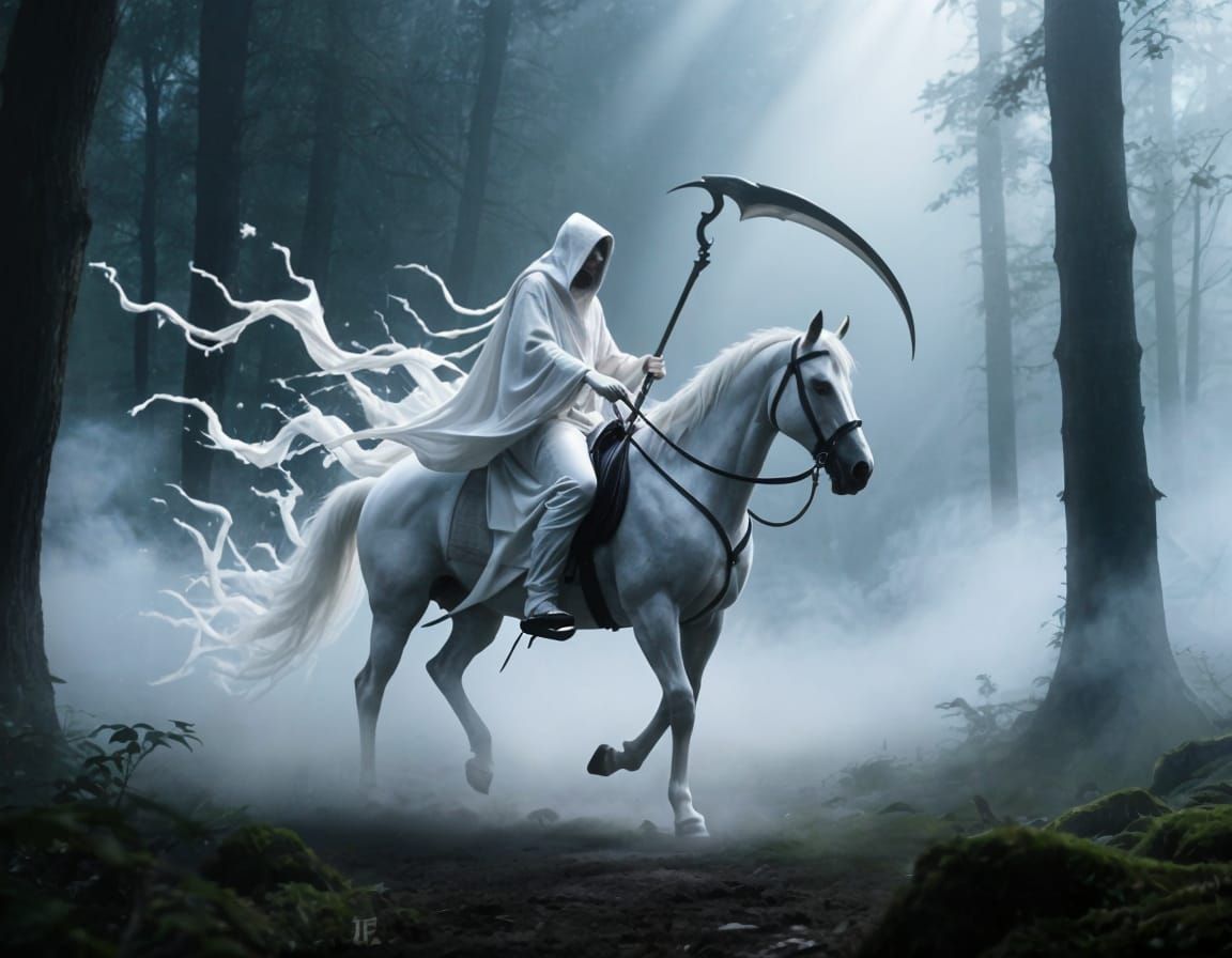 Mysterious Hooded Figure Rides Through Misty Forest