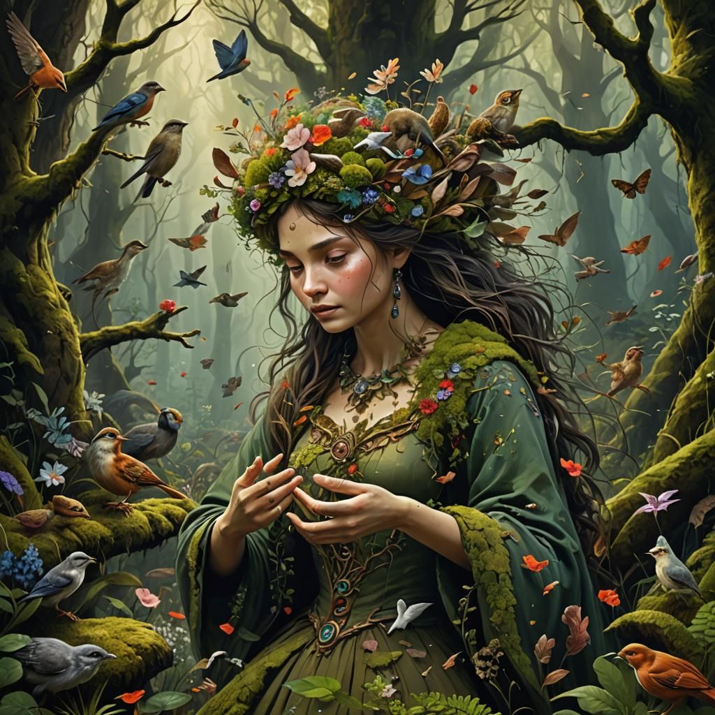 Forest Woman with Animals: Fantasy Concept Art