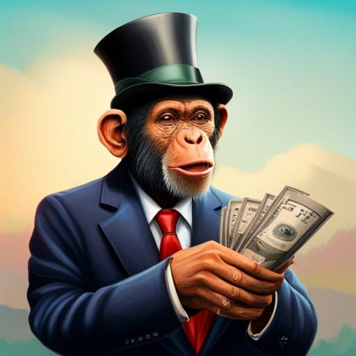 Chimpanzee in Suit with Cash, Hyperrealistic Splash Art