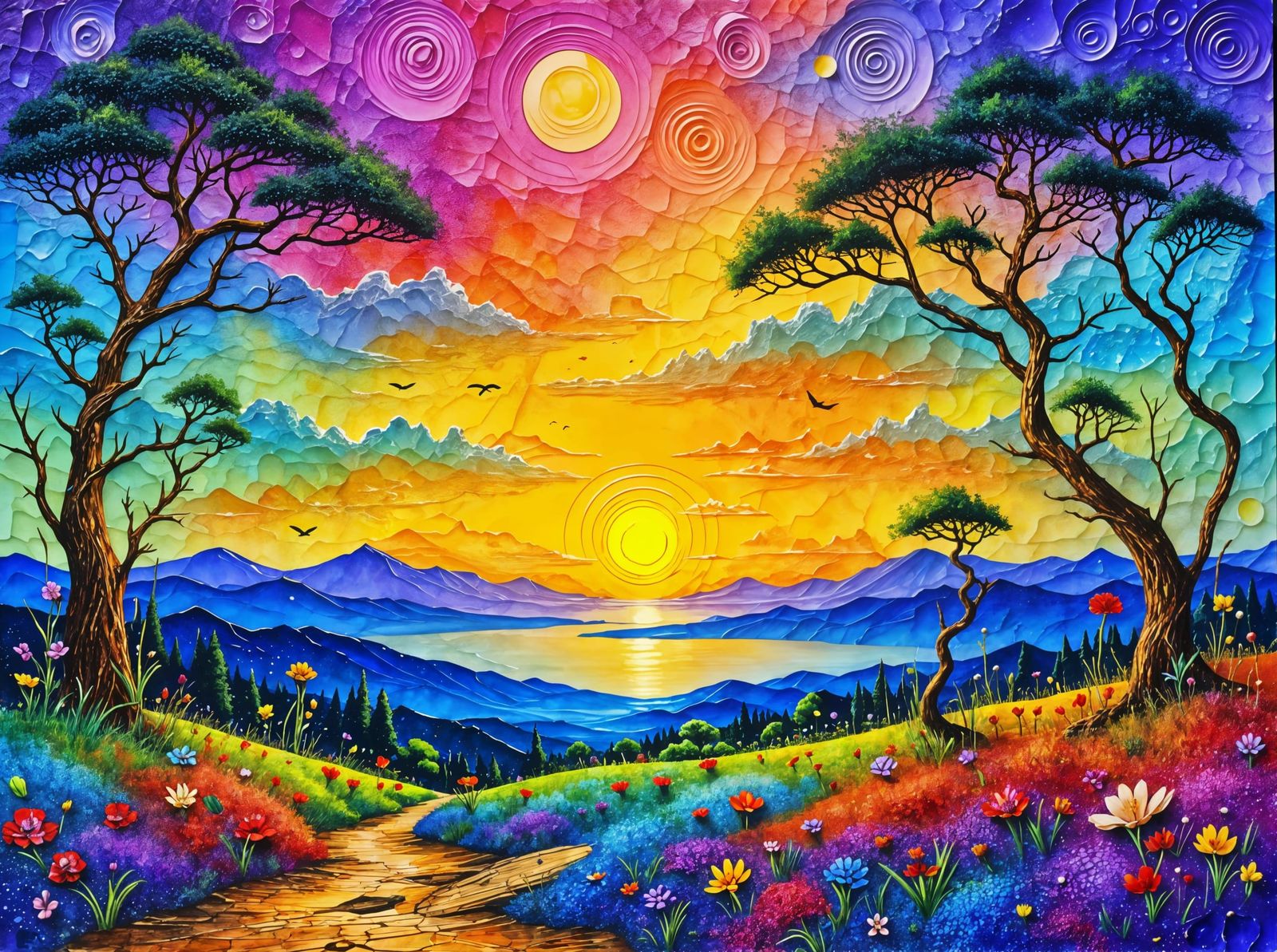 Dreamlike Landscape in Stained Glass and Ebru Art Style