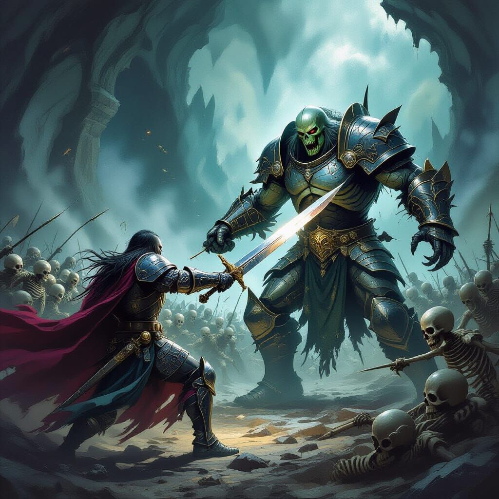 Warrior Battles Skeletons in Dark Fantasy Realm