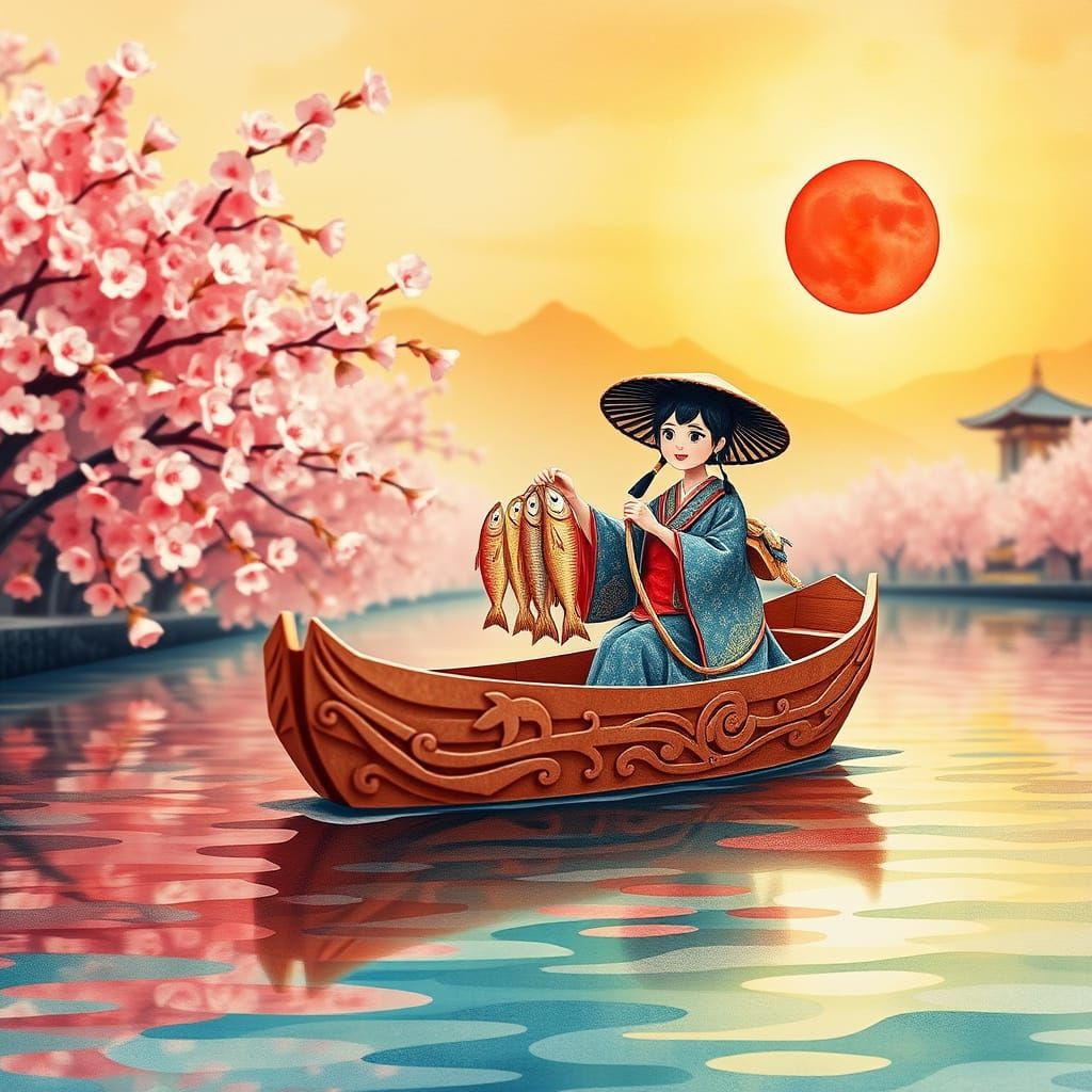 Serene Japanese Family in Origami-Inspired Watercolour Boat ...